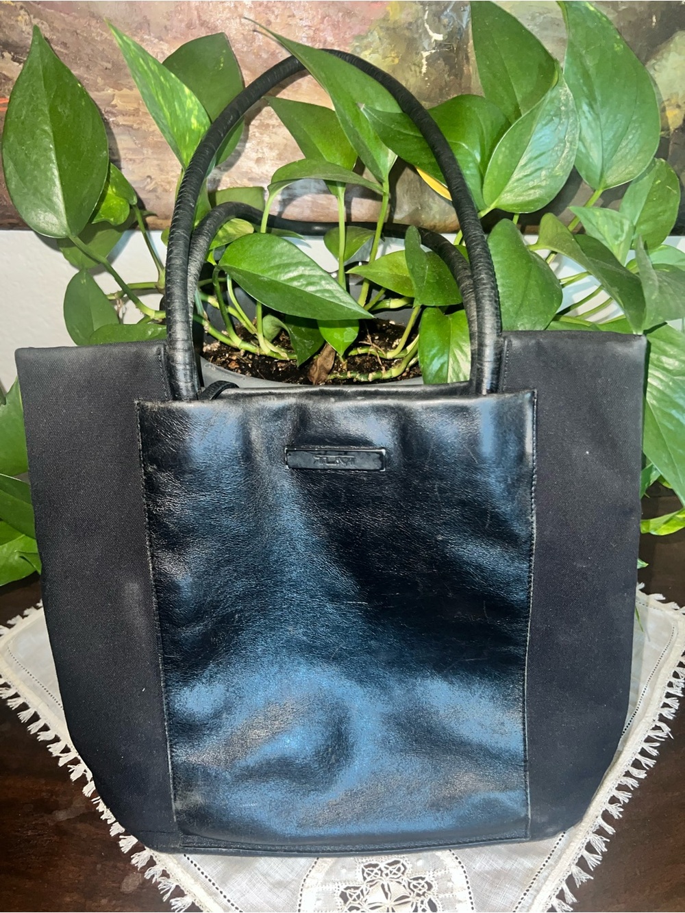 Tumi Black Leather-Front Tote
